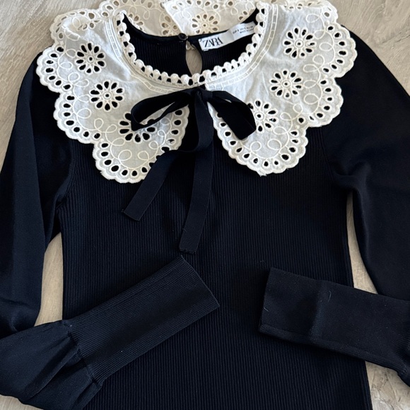 Zara Black Top with Cream Lace Bib Collar bow - Picture 3 of 10